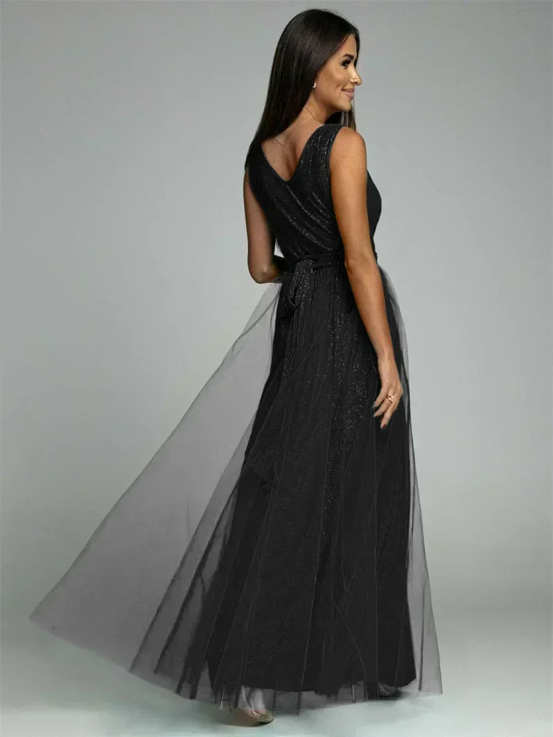 Formal sleeveless V-neck dress for women, elegant and flattering for special nights out.