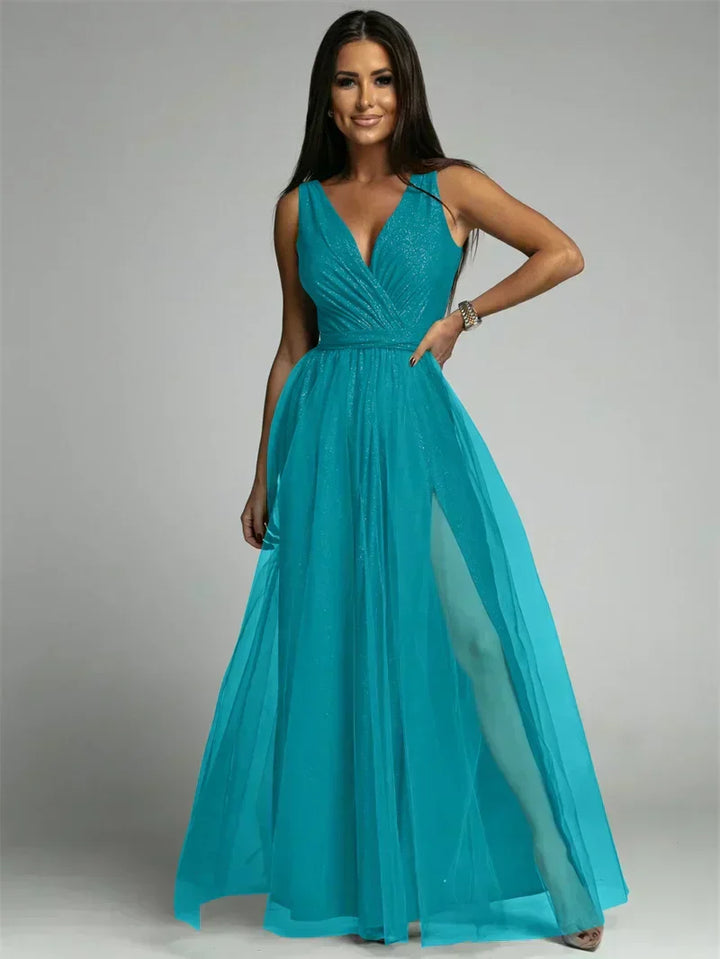 Women's elegant V-neck cocktail dress, sleeveless and fitted for a stunning, flattering look.