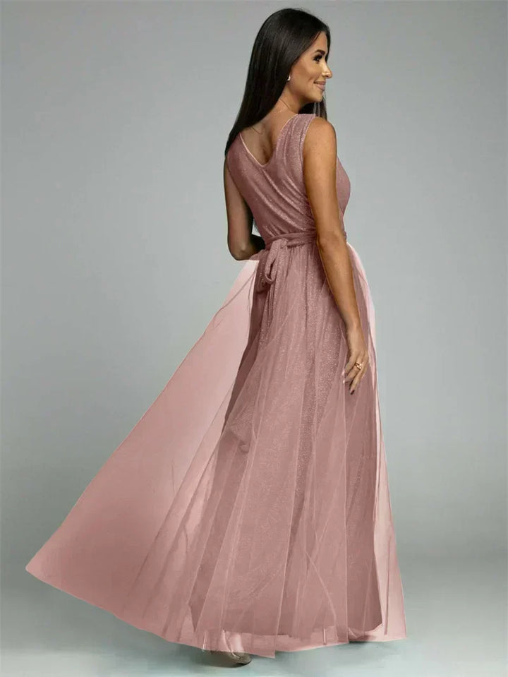 Chic Mindy V-neck dress, sleeveless party wear for women, flattering silhouette for events.
