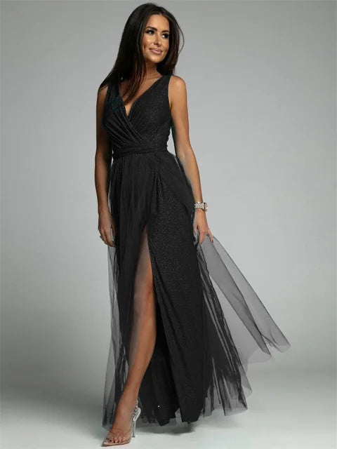 Chic women's V-neck cocktail dress, perfect for evening wear & glamorous special occasions.