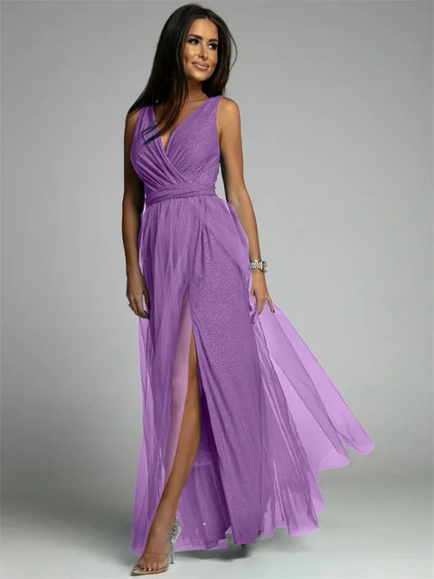 Formal women's V-neck dress, elegant and sleeveless, suitable for celebrations & special events.
