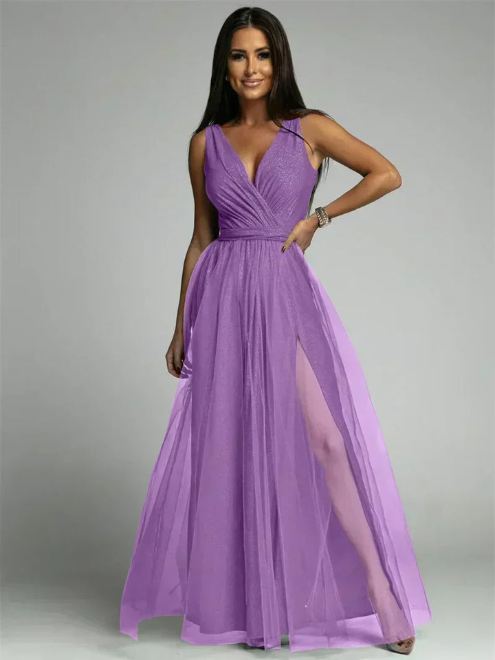 Sophisticated sleeveless V-neck dress, women's formal wear for glamorous evening events.