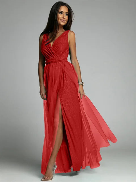 Flattering women's V-neck cocktail dress, chic and sleeveless for glamorous celebrations.