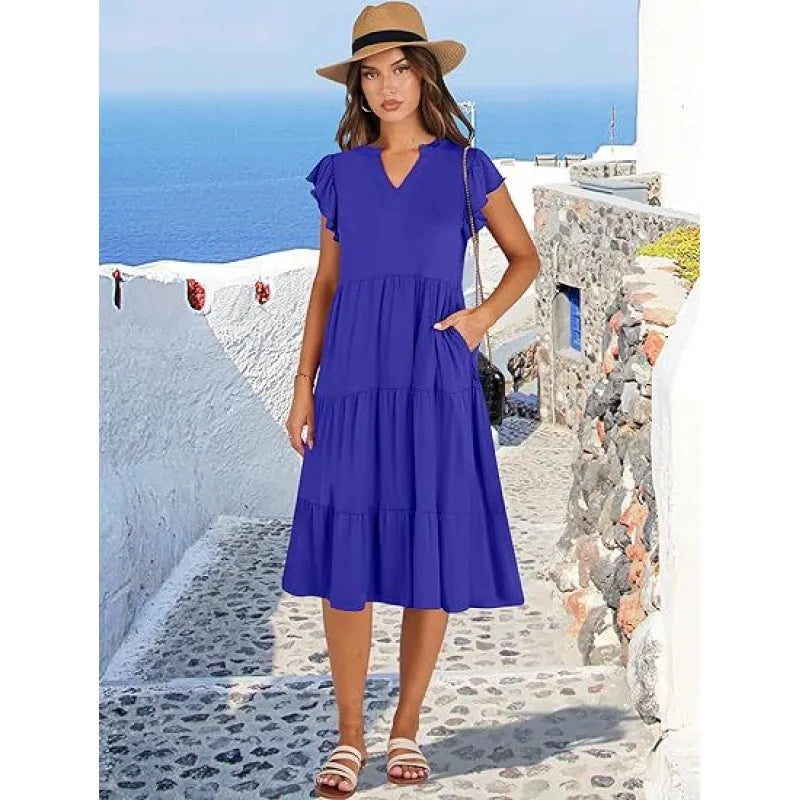 Elegant V-neck tiered midi dress for women with flutter sleeves, perfect for spring/summer fashion & comfortable everyday wear.