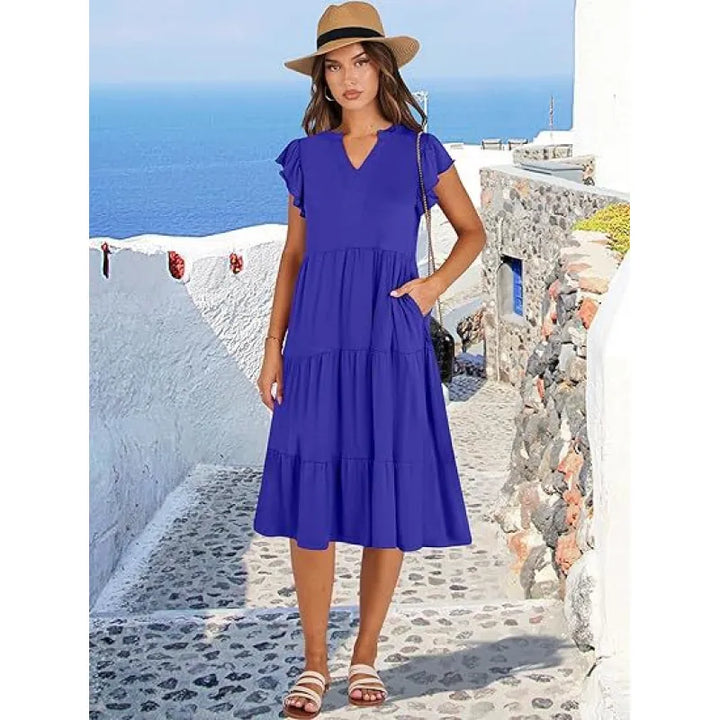 Elegant V-neck tiered midi dress for women with flutter sleeves, perfect for spring/summer fashion & comfortable everyday wear.