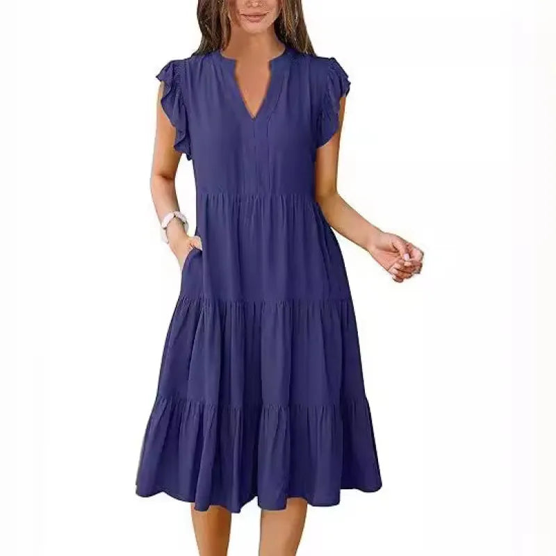 Elegant women's midi dress with chic flutter sleeves & V-neck. A comfortable tiered design, versatile for everyday & summer wear.