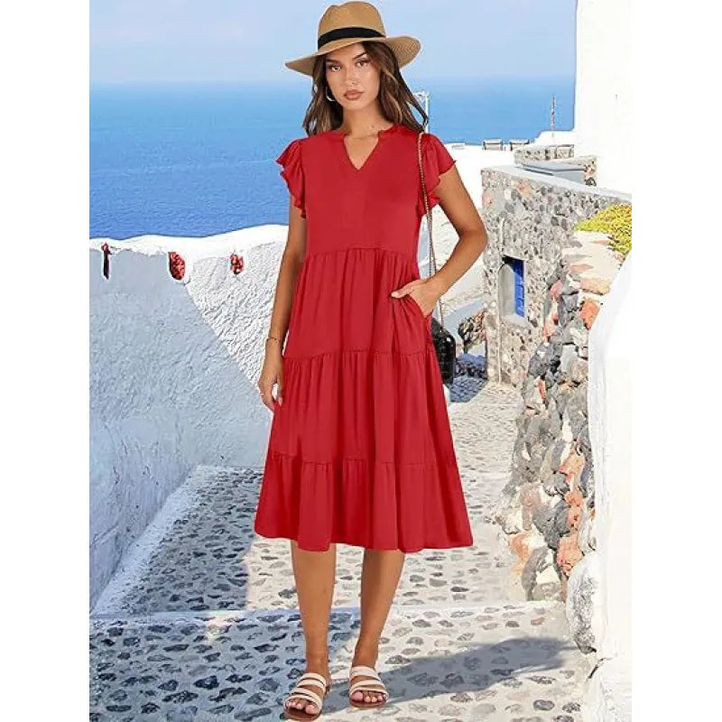 Versatile women's V-neck tiered midi dress with flutter sleeves, comfortable & perfect for elegant spring/summer everyday wear.