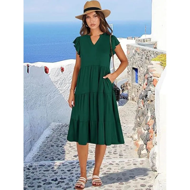 Chic women's V-neck tiered midi dress with flutter sleeves, an elegant & comfortable option for spring/summer fashion & everyday.