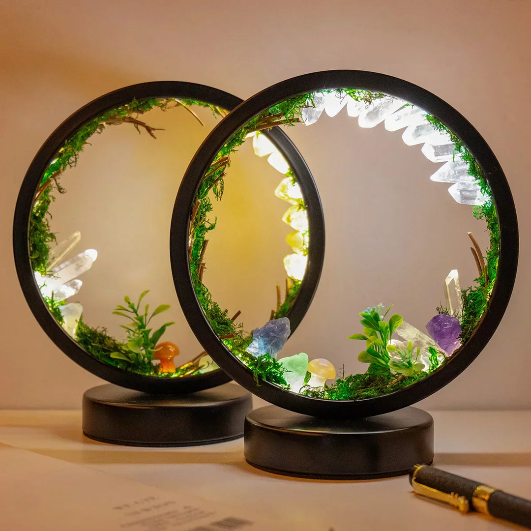 Close-up of Verdalis ambient lamp showcasing intricate crystal embellishments & delicate greenery.