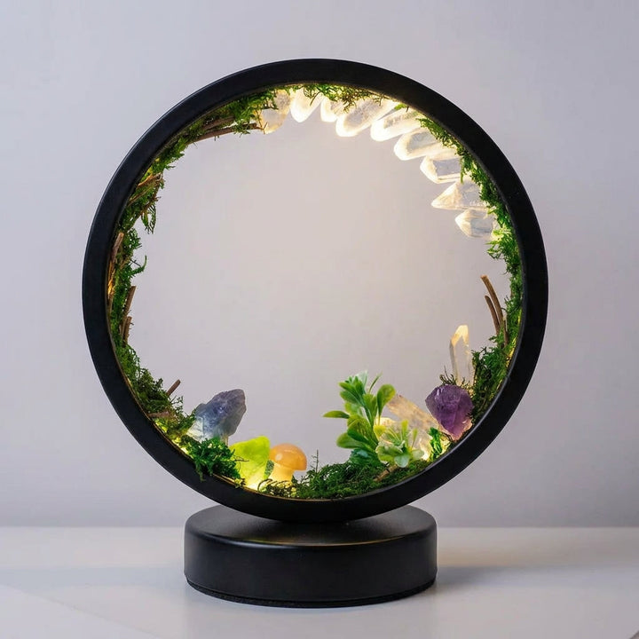Stylish Verdalis ambient lamp with greenery & crystals, a unique decorative light for any room.