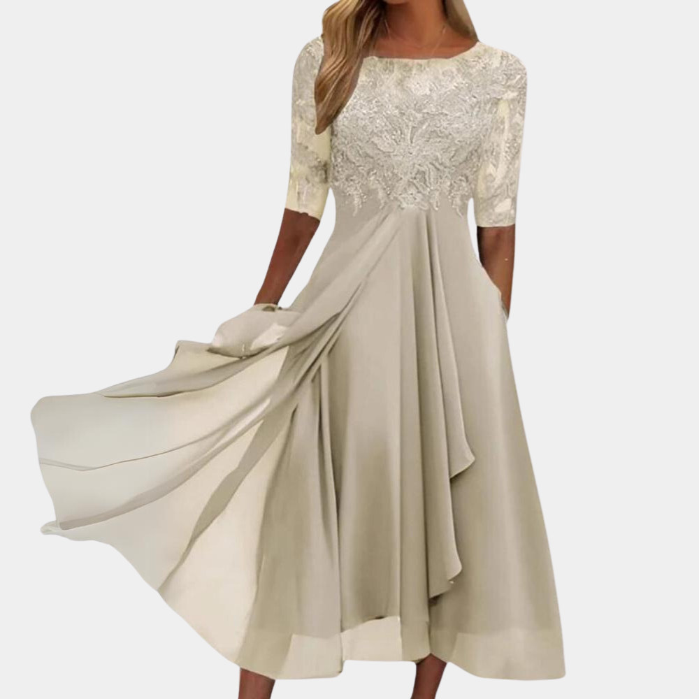 Comfortable Viviana women's stylish A-line dress with short sleeves. Fashionable & versatile for any elegant occasion.