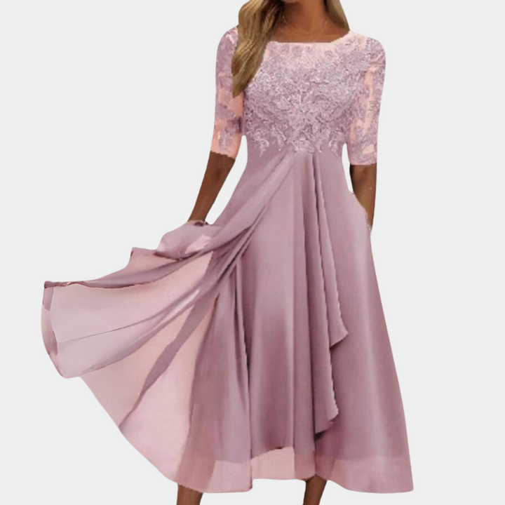 Stylish Viviana women's elegant A-line dress, short sleeve design. Versatile for parties, summer & special occasions.