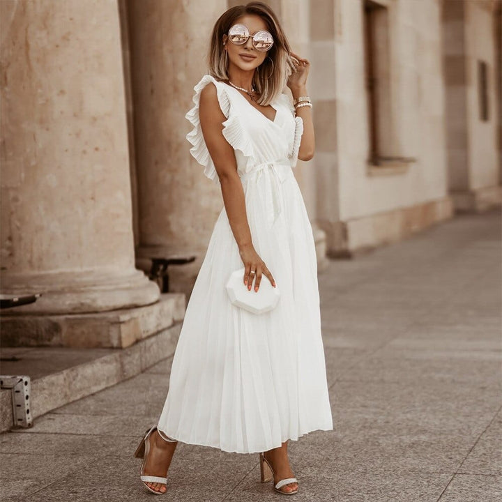 Elegant white bohemian V-neck maxi dress for women, perfect for summer parties, formal events & special occasions.