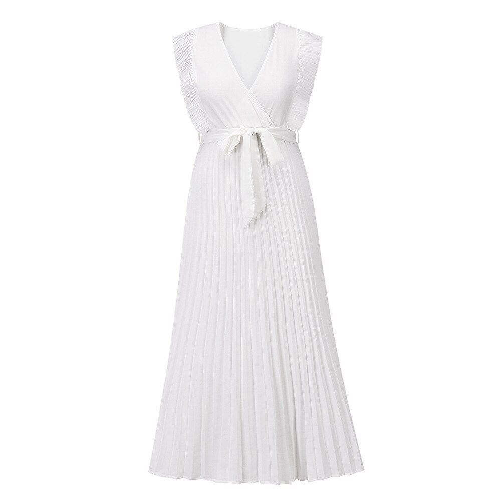 Women's sleeveless bohemian V-neck maxi party dress. Elegant white gown, ideal for summer events & formal wear.