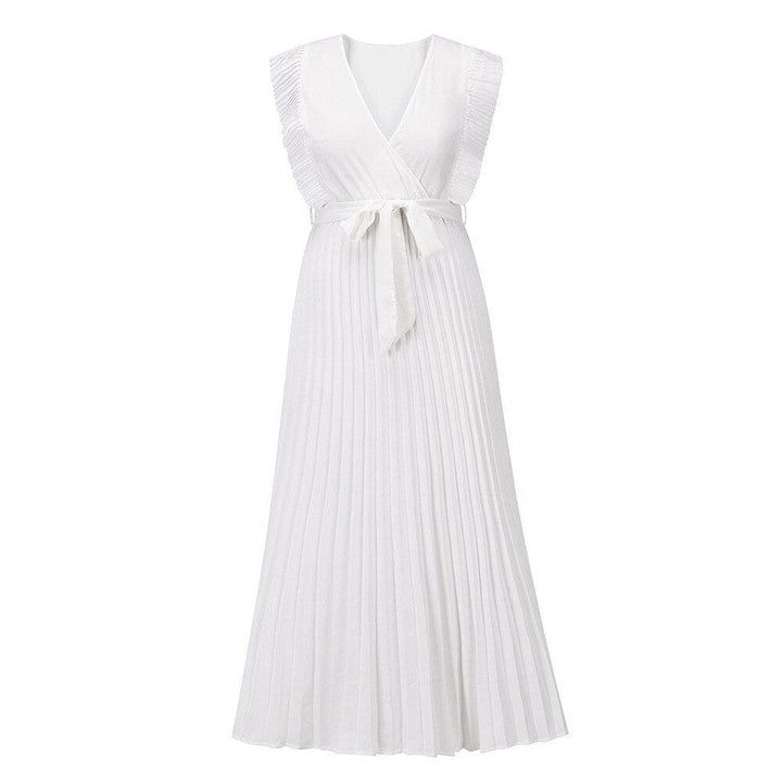 Women's sleeveless bohemian V-neck maxi party dress. Elegant white gown, ideal for summer events & formal wear.