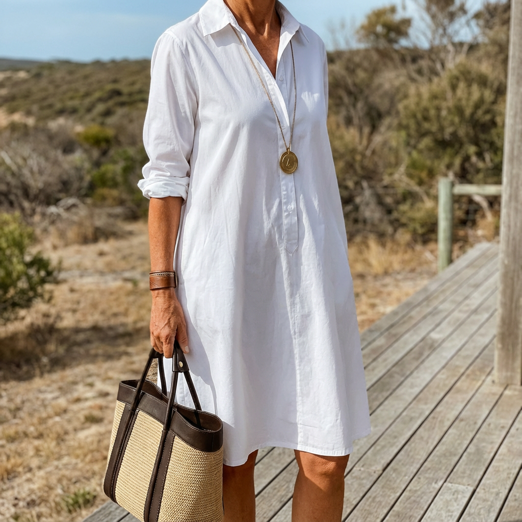 Women's versatile white A-line midi dress. Elegant button-down style for a sophisticated and timeless look.