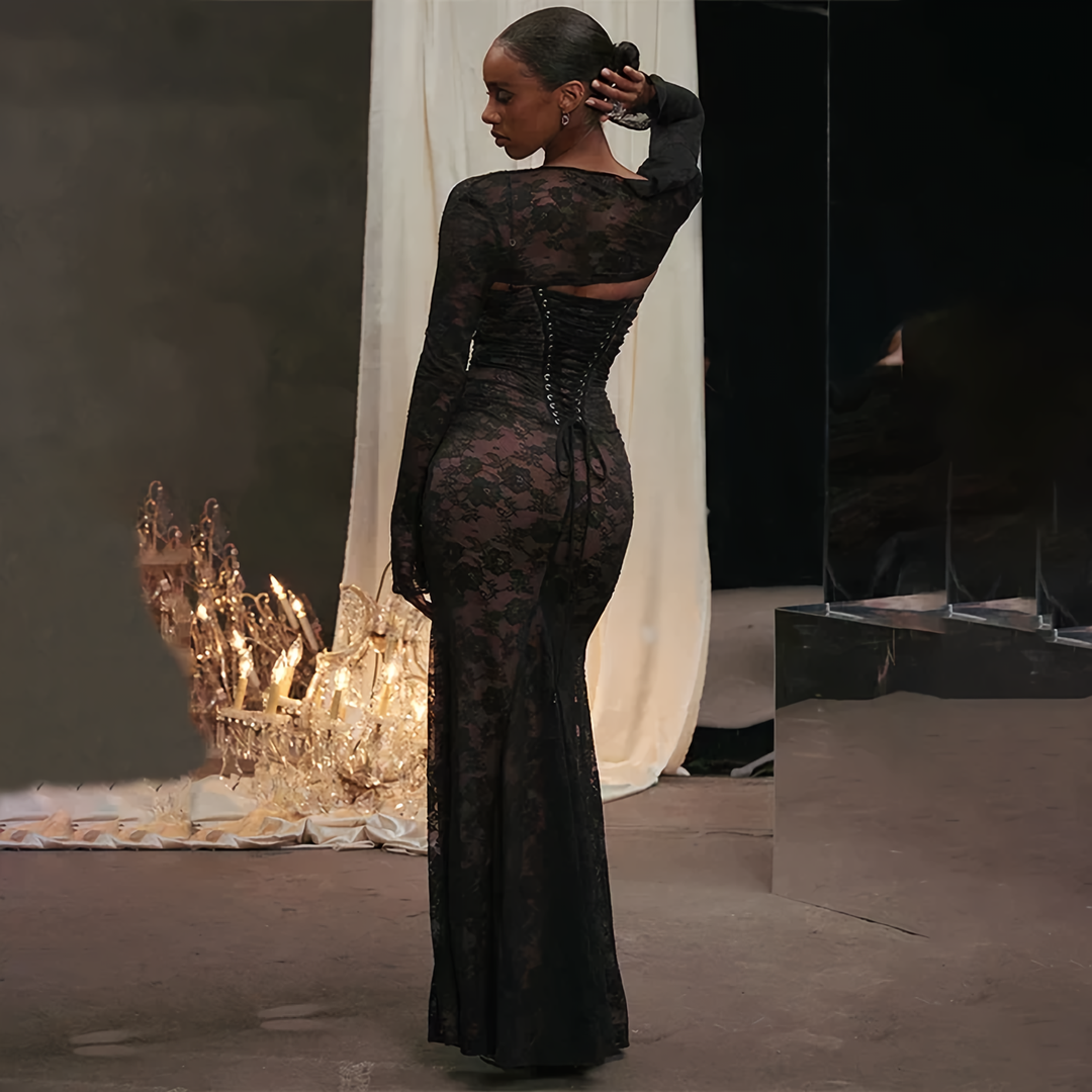 Women's timeless lace maxi dress, featuring delicate details, ideal for elegant summer & evening wear.