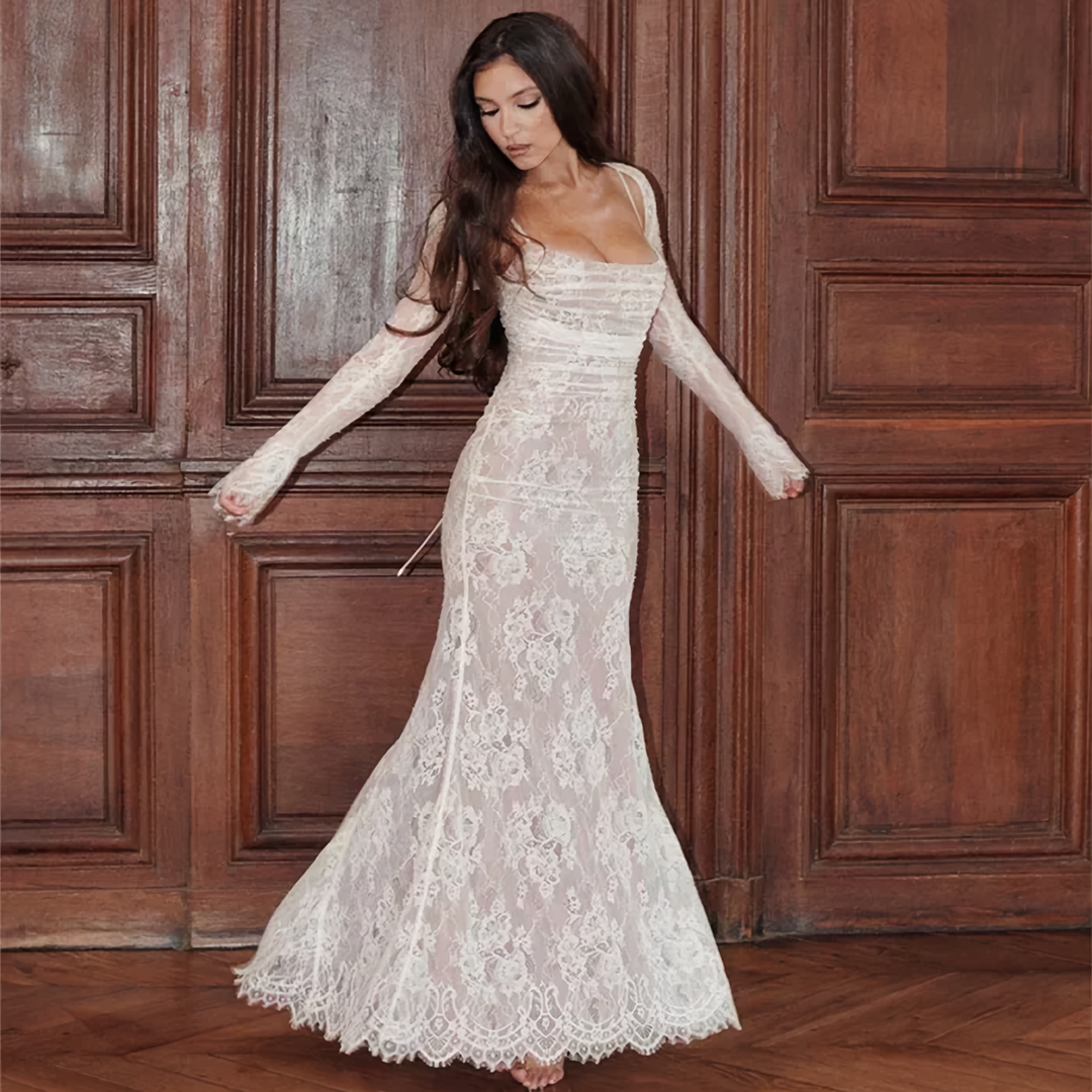 Long white lace dress for women, an elegant maxi dress choice for summer, parties, and evening events.