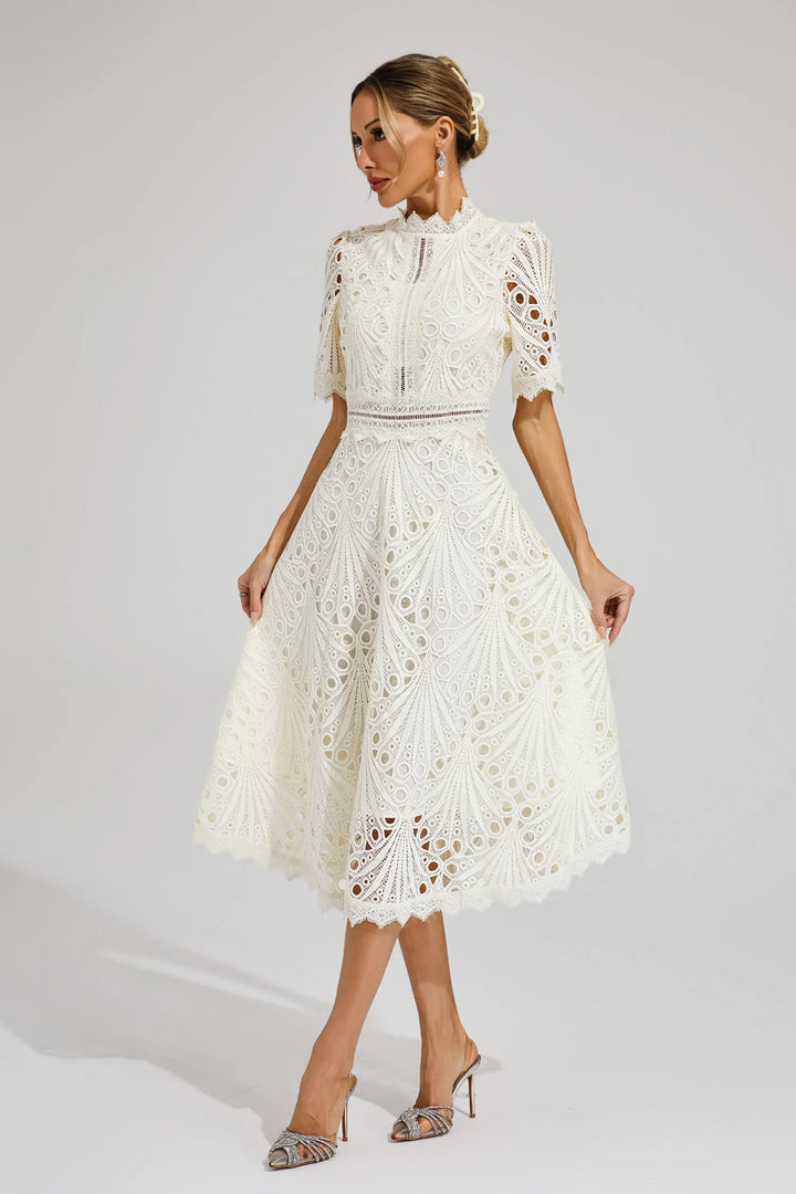 Elegant white lace midi dress for women, perfect for wedding guests & special occasions.