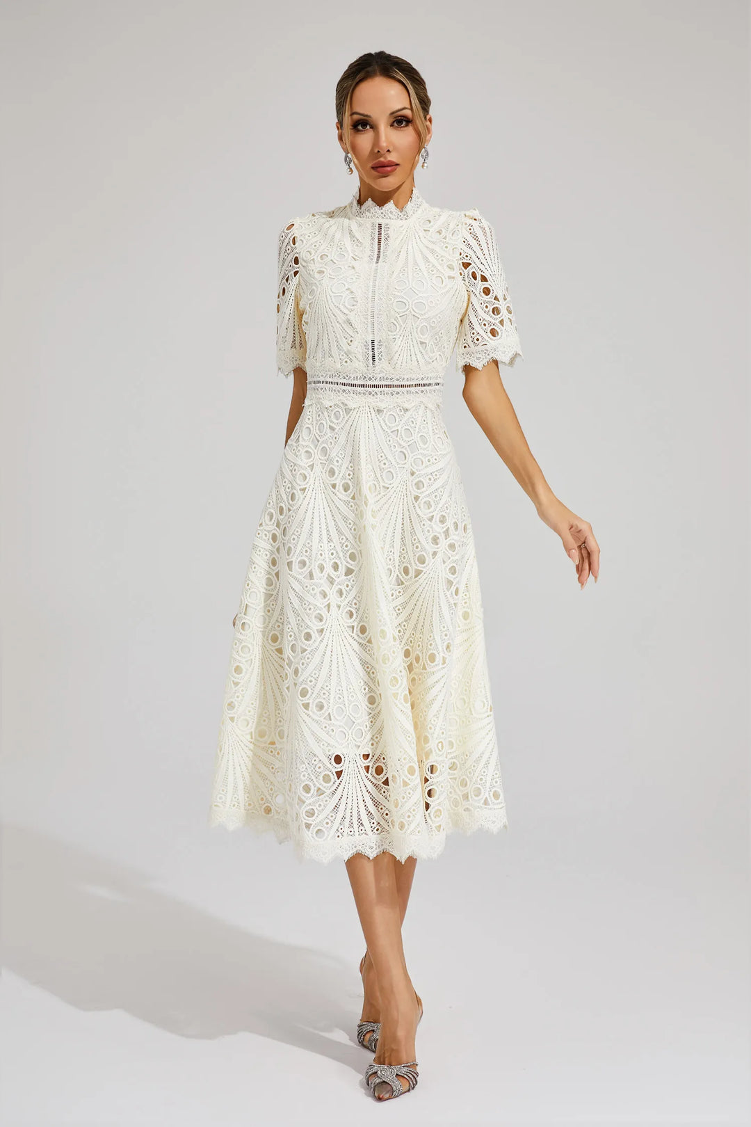 Hot pink women's tailored lace midi dress, sophisticated for special occasions & cocktails.