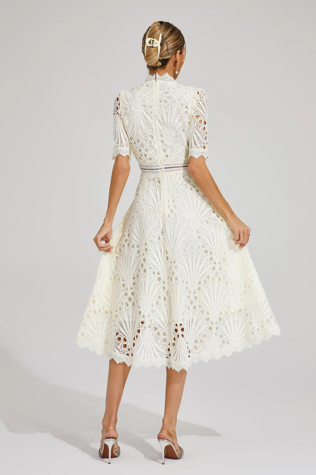 Fashionable hot pink lace midi dress, sophisticated evening wear for stylish women.