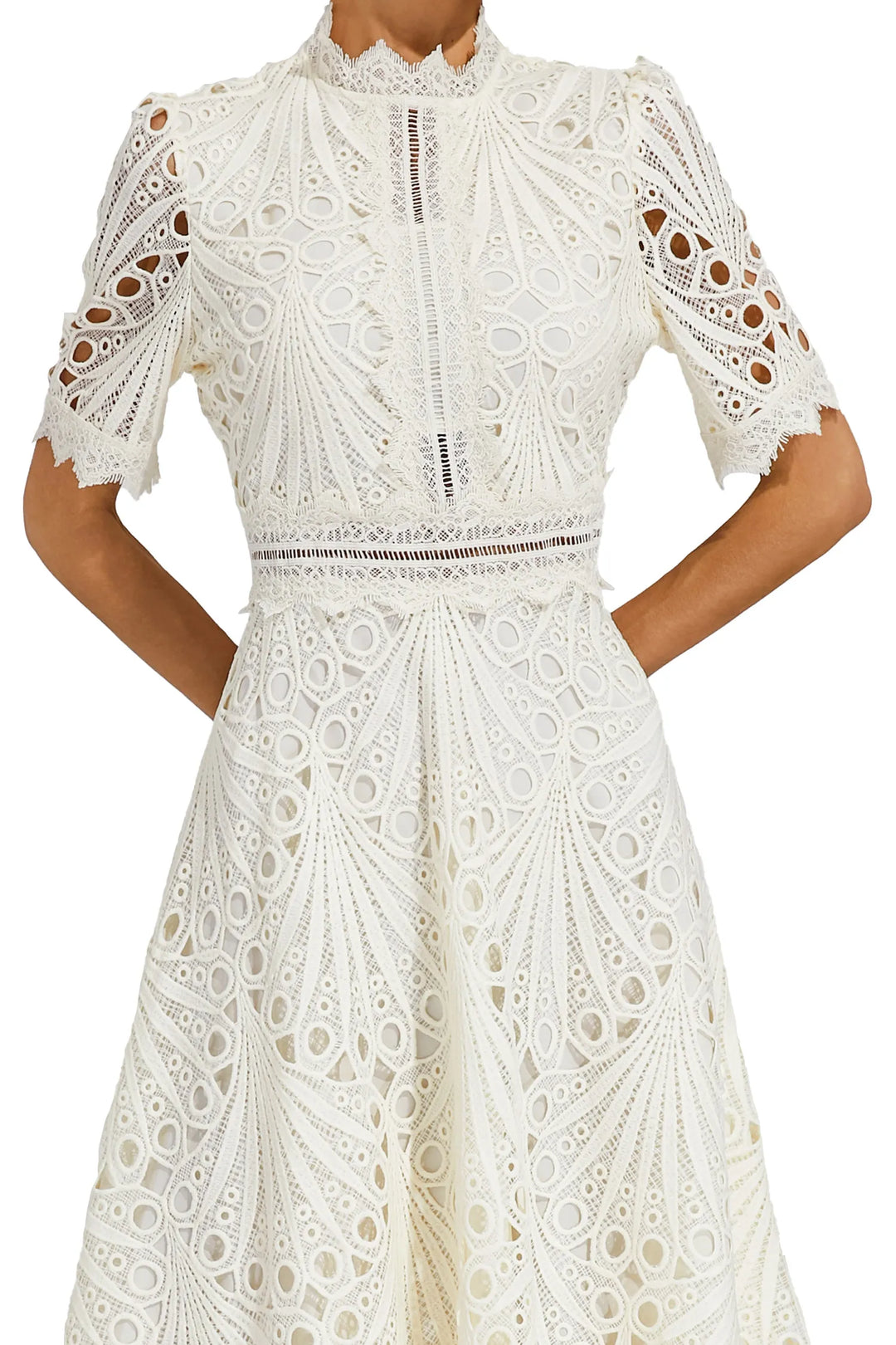 Flowy white lace midi dress for women, comfortable & elegant for summer parties.