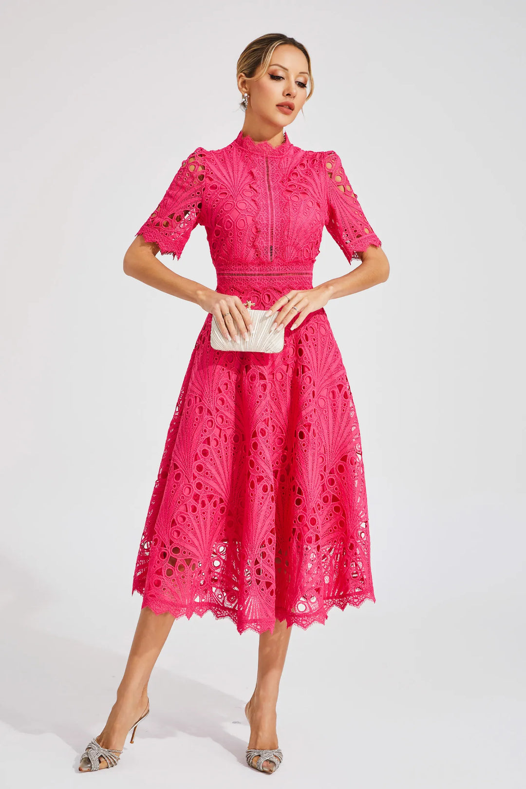 Sophisticated hot pink lace midi dress, ideal for evening wear, cocktails & parties.