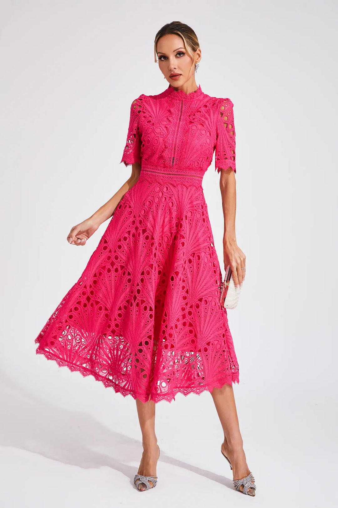 Women's tailored white lace midi dress, an elegant choice for spring & summer special events.