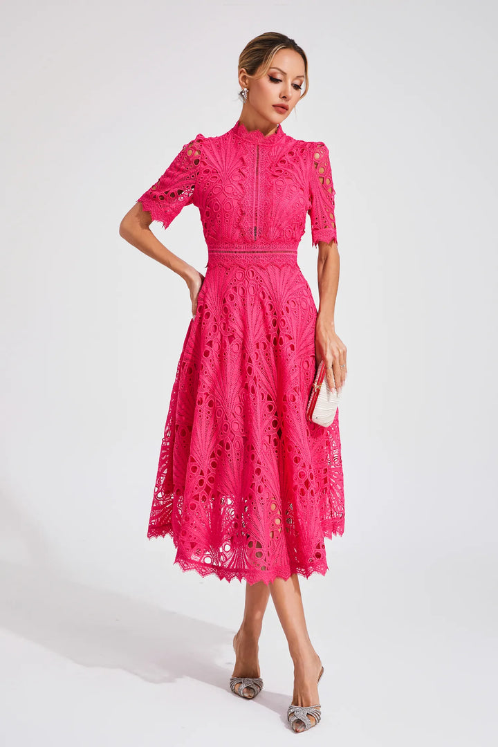 Stunning hot pink lace midi dress, a beautiful party dress & wedding guest option.