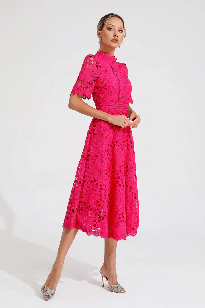 Delicate white lace midi dress, flattering and elegant for women's spring fashion.
