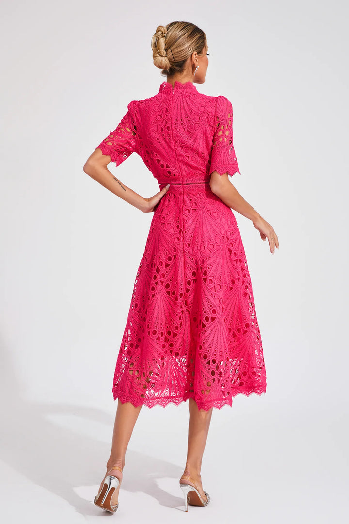 Vibrant hot pink women's midi dress, lace detailed, perfect for any special occasion.