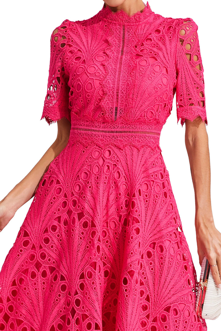 Elegant white lace midi dress for women, ideal for weddings, parties & evening events.