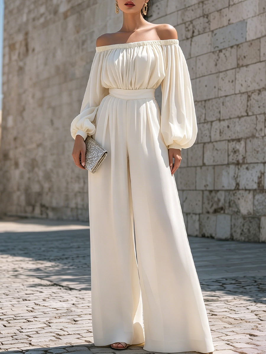 Elegant white off-shoulder maxi dress for women, featuring stylish bishop sleeves. Perfect for formal events.