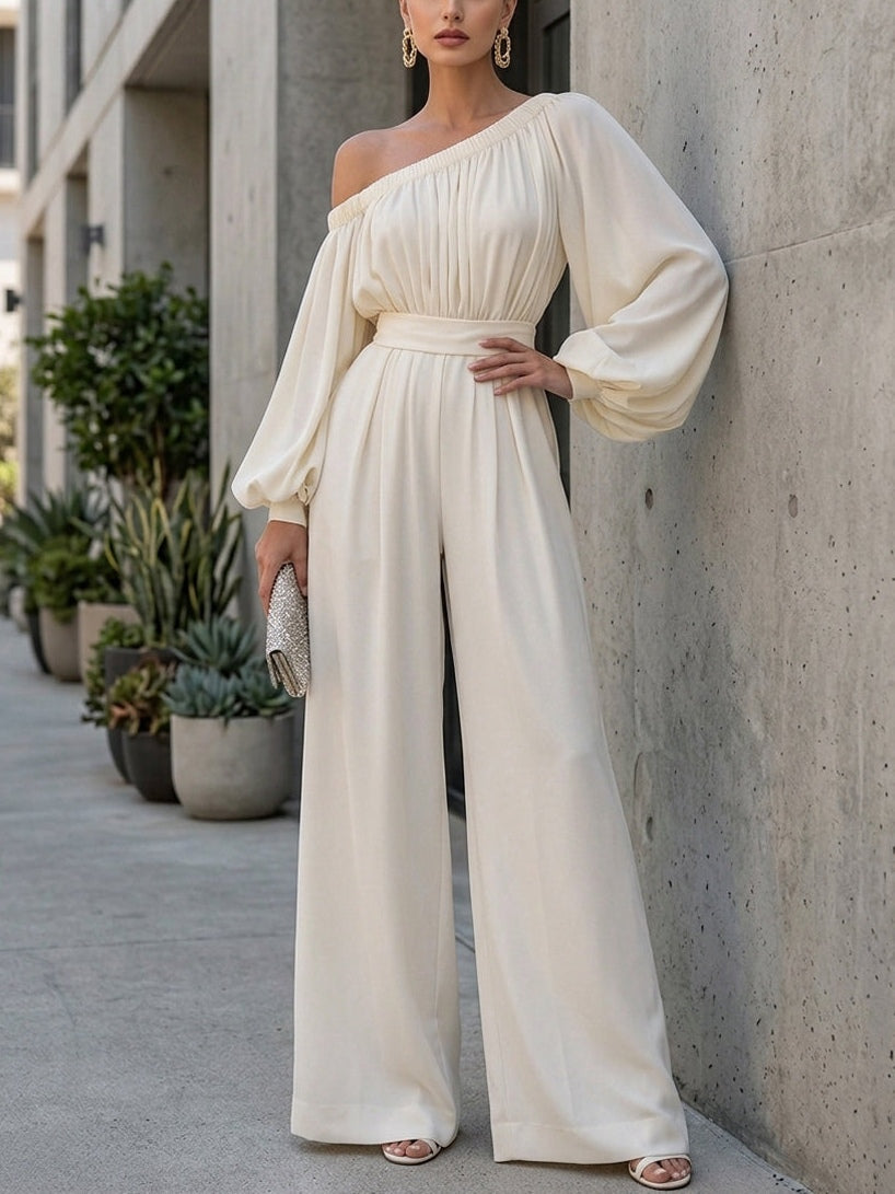 Stylish white off-shoulder maxi dress for women with elegant bishop sleeves. A perfect formal or party dress option.