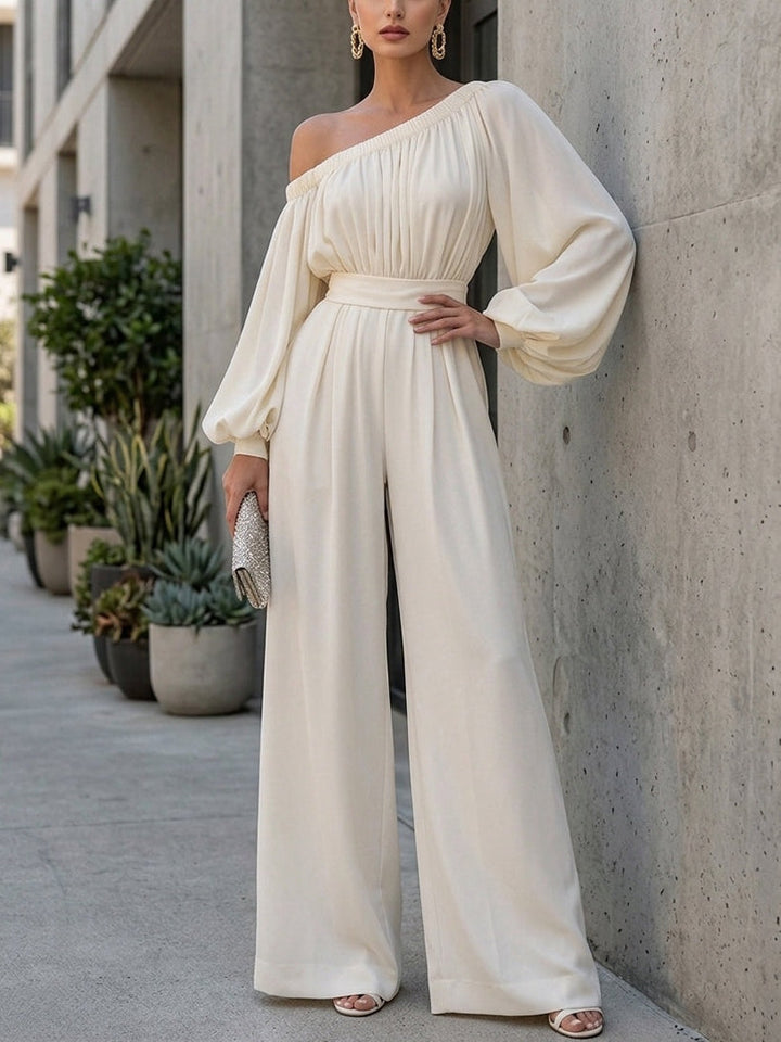 Stylish white off-shoulder maxi dress for women with elegant bishop sleeves. A perfect formal or party dress option.