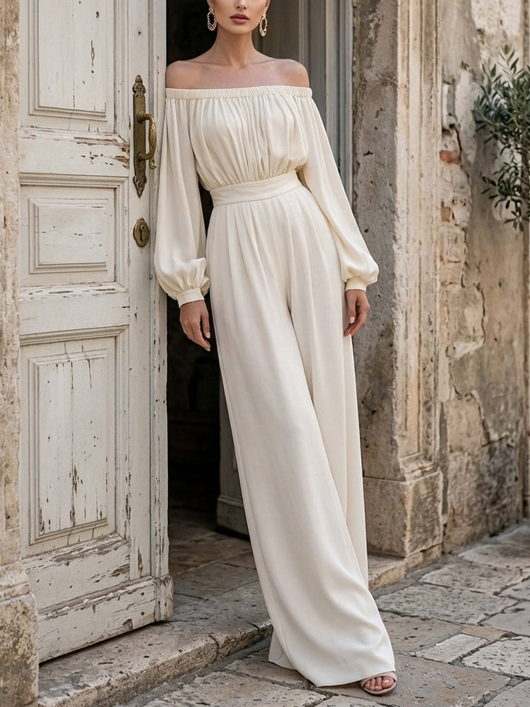 Summer elegant white off-shoulder maxi dress with bishop sleeves, perfect for special occasions and resort wear.