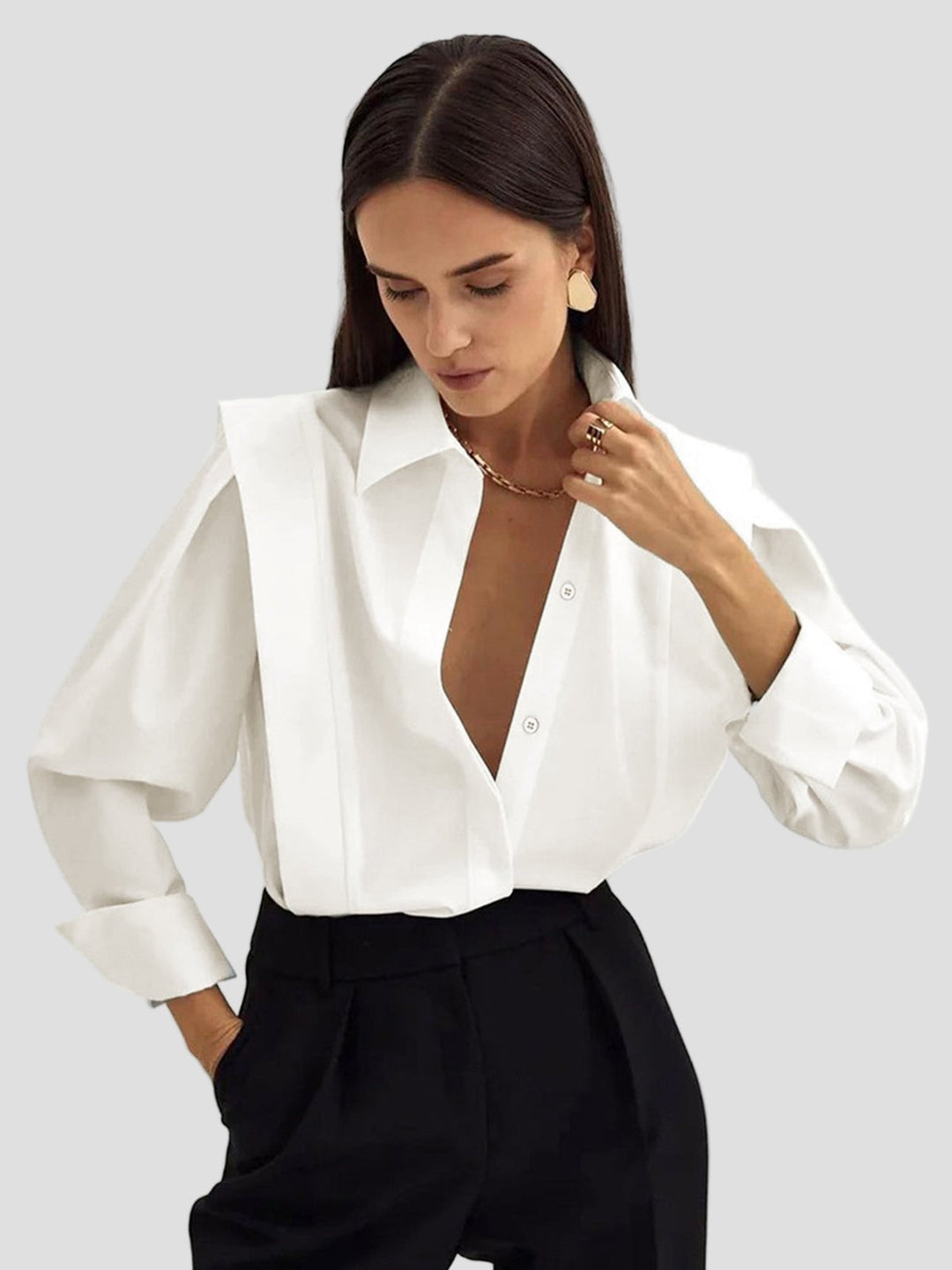 Elegant white square neck button down shirt for women, perfect for work or casual chic.
