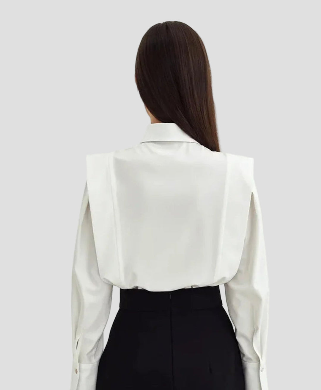 Women's black elegant square neck button down blouse, sophisticated long sleeve workwear.