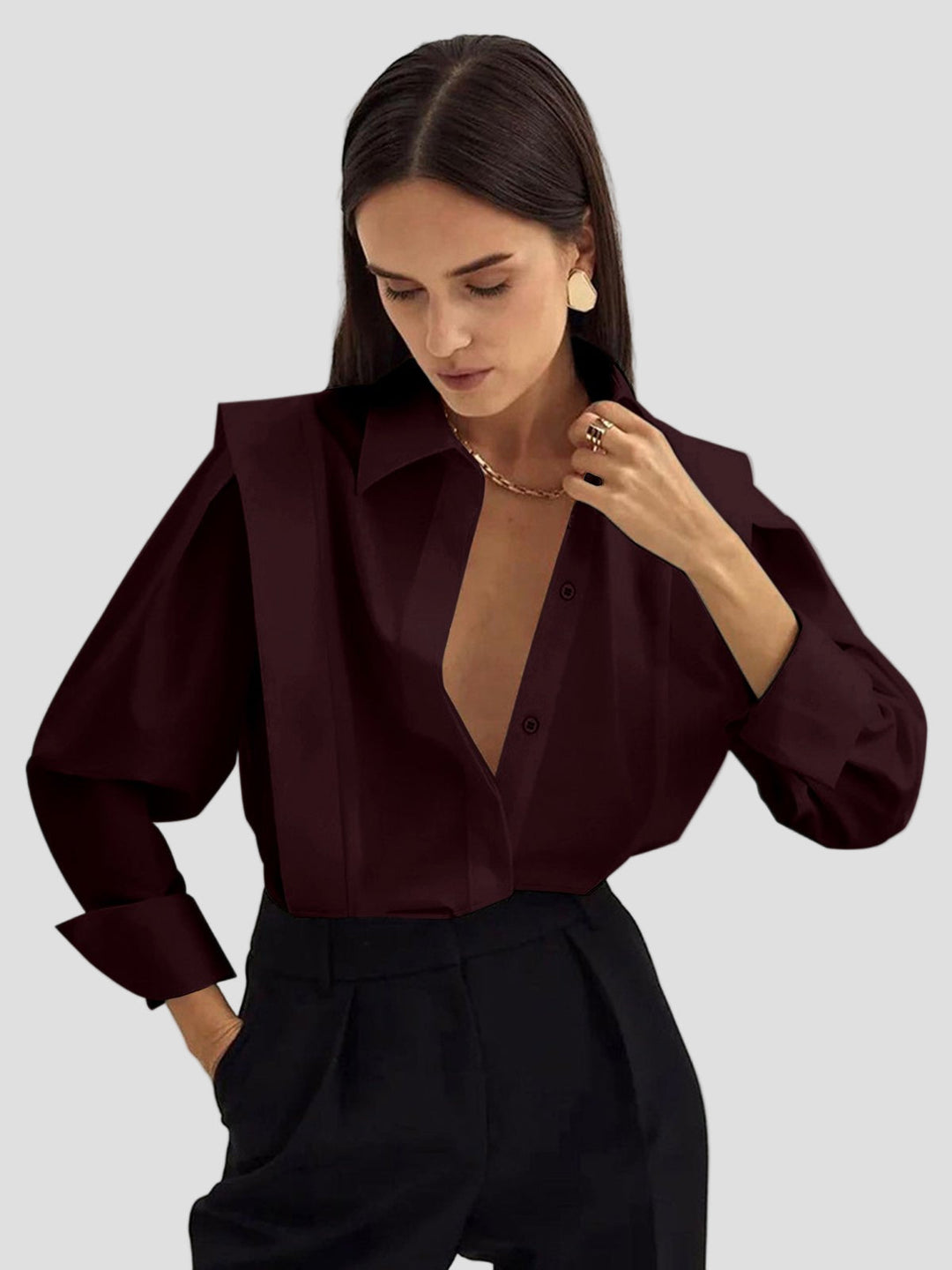 Stylish square neck button down shirt for women, long sleeve design for a sophisticated look.