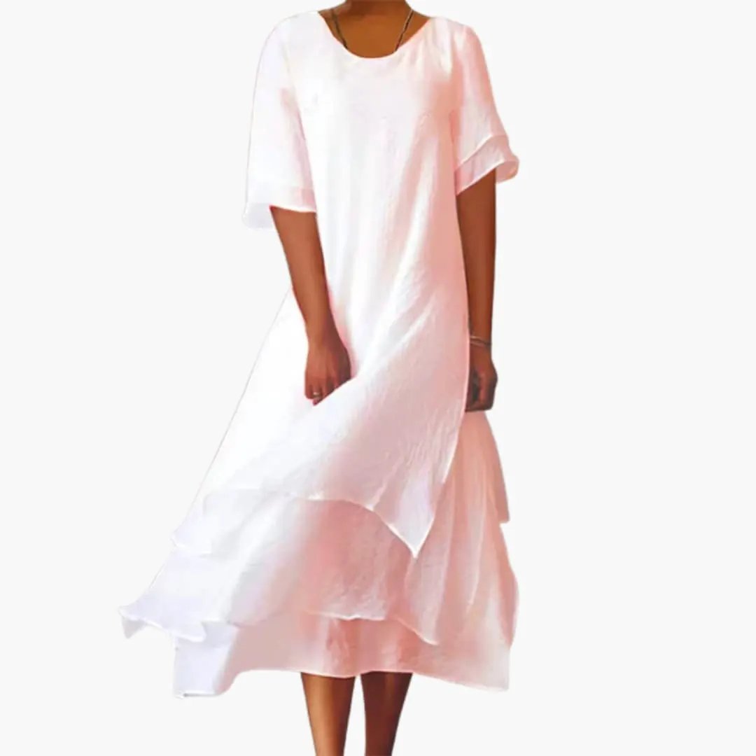 Fitted pink women's sleeveless midi dress, featuring a round neck. A versatile solid color casual or elegant summer dress.