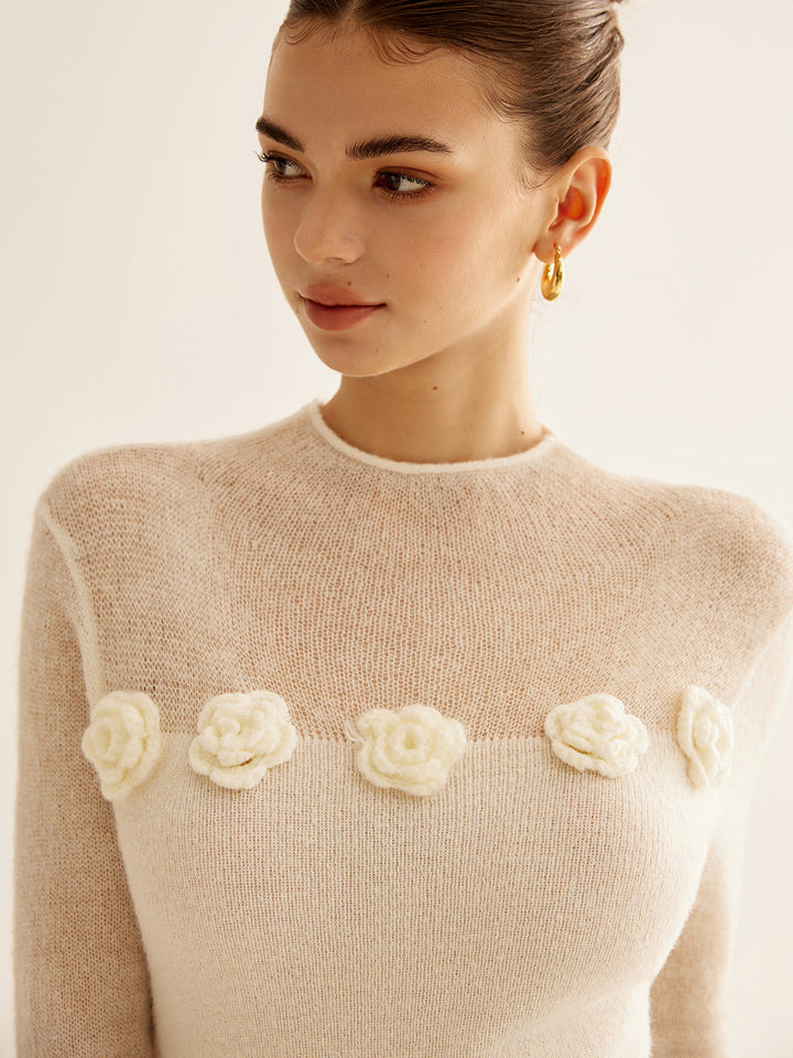 Chic white women's sweater featuring an elegant jacquard design. Cozy long sleeve knit for comfort.