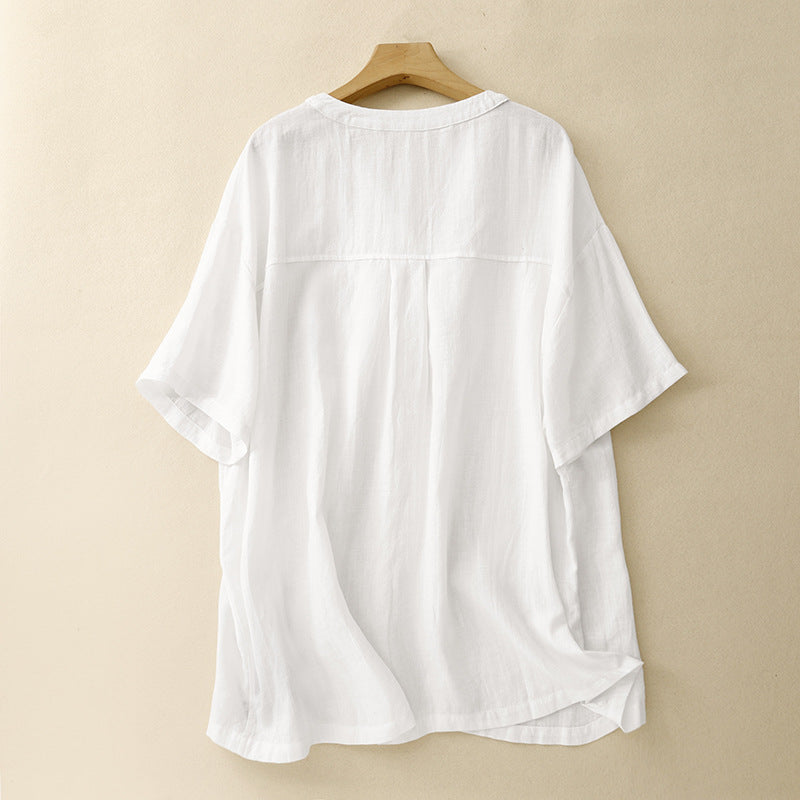 Versatile women's V-neck blouse with half sleeves, an elegant and casual top for spring and summer fashion.