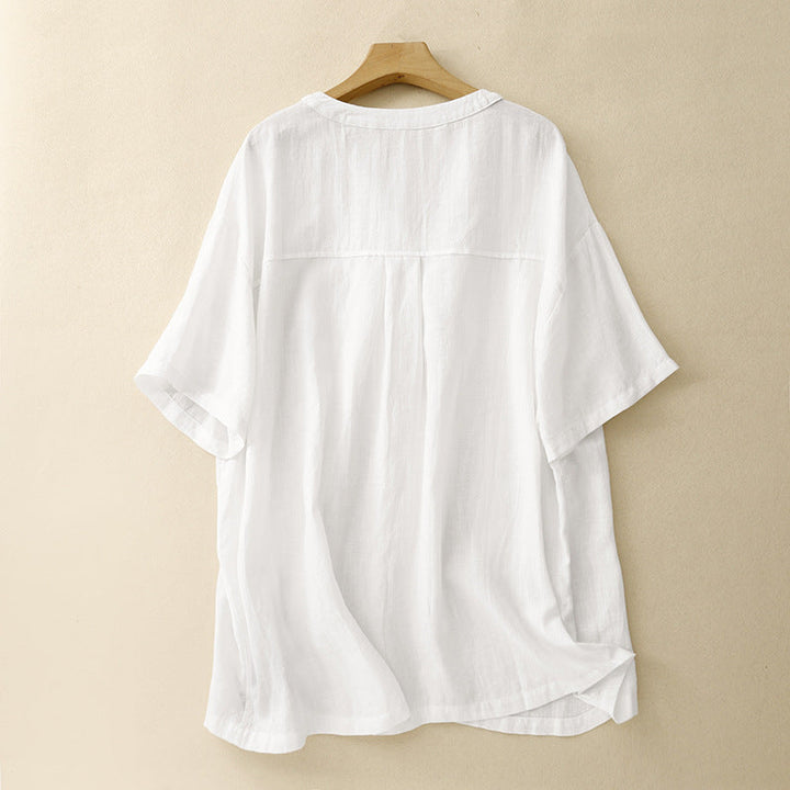 Versatile women's V-neck blouse with half sleeves, an elegant and casual top for spring and summer fashion.