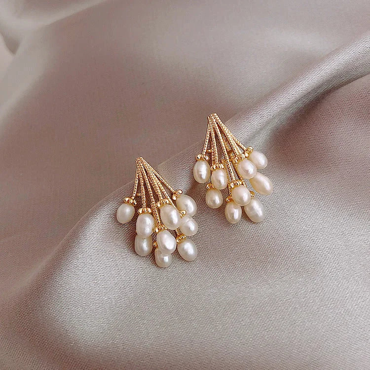 Women's 18K gold-plated silver pearl tassel earrings. Sophisticated & chic, a perfect hypoallergenic gift.