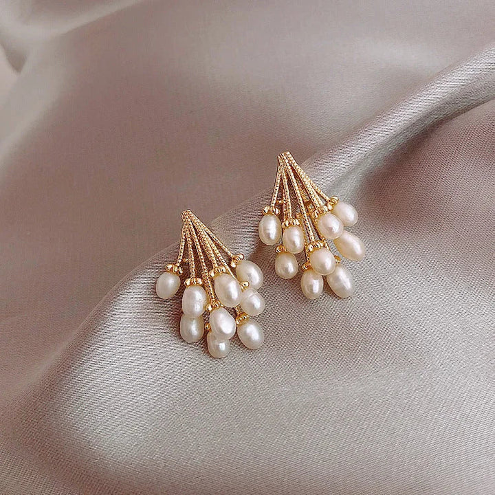 Women's 18K gold-plated silver pearl tassel earrings. Sophisticated & chic, a perfect hypoallergenic gift.