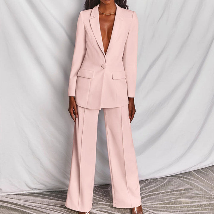 Modern women's elegant blazer and trouser set, a fashionable 2-piece outfit.