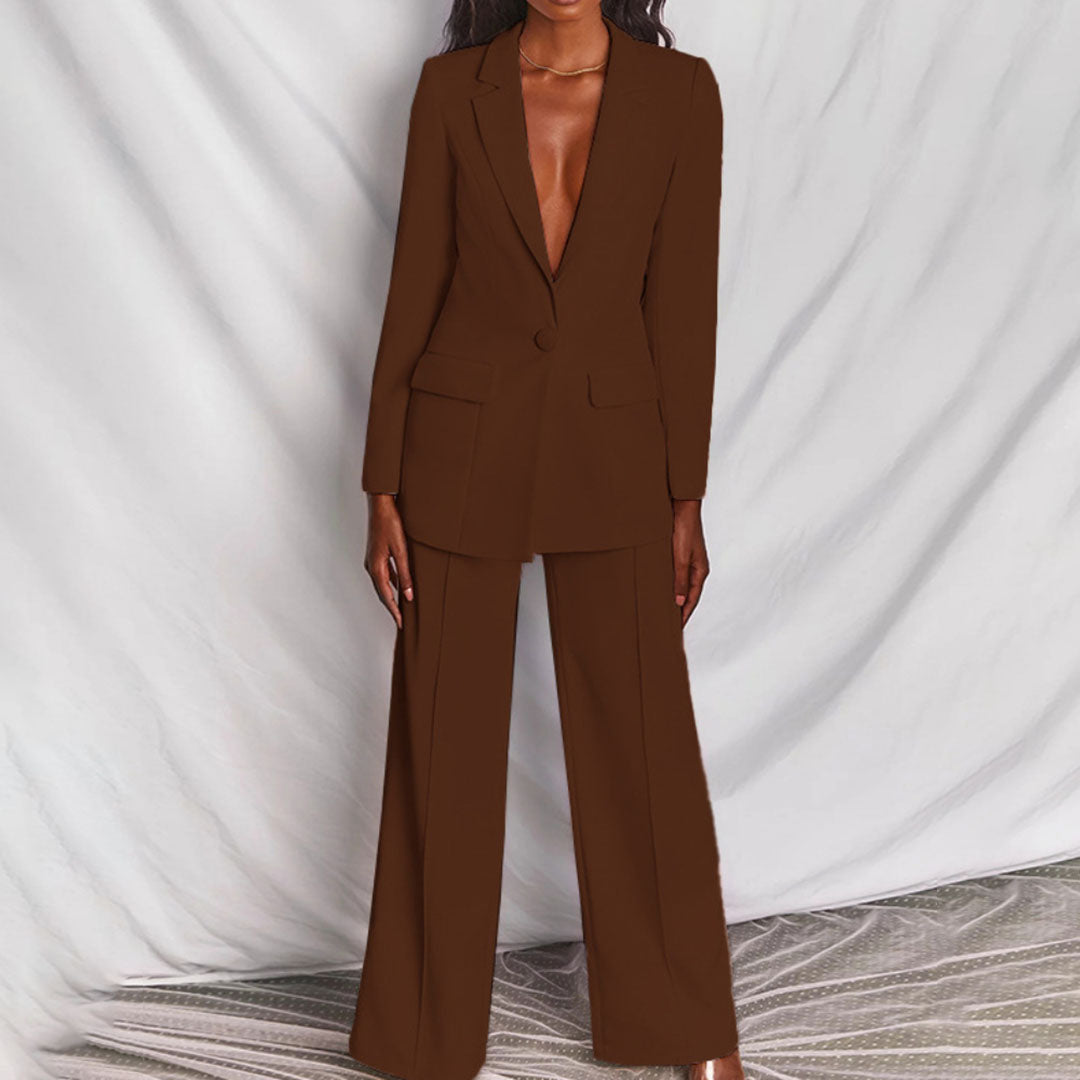 Well-tailored women's blazer and trouser set, a sharp 2-piece suit for a polished appearance.