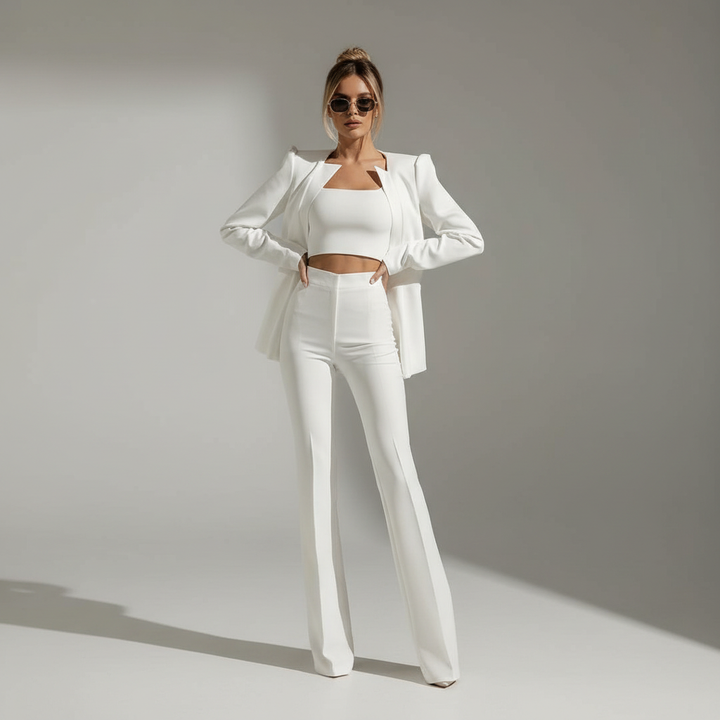 Professional women's coordinated 3-piece blazer, top, and skirt set, ideal for a chic office outfit.