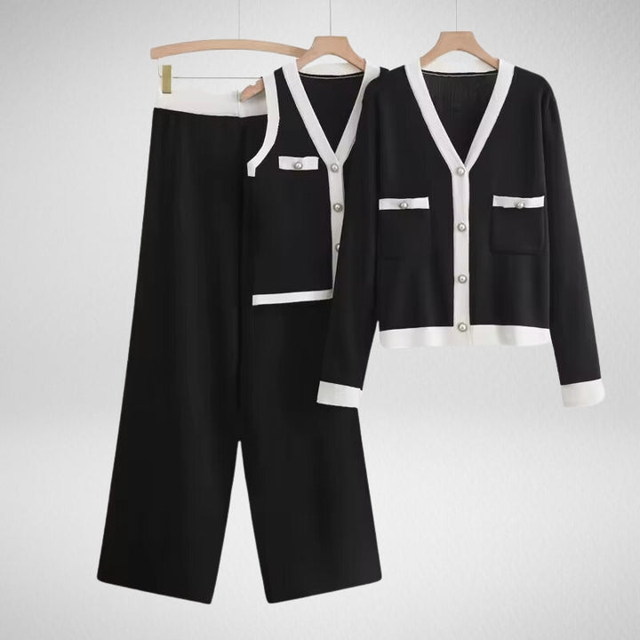 Chic women's casual 3-piece set featuring contrast trim details and stylish pearl buttons. Comfortable cotton blend.