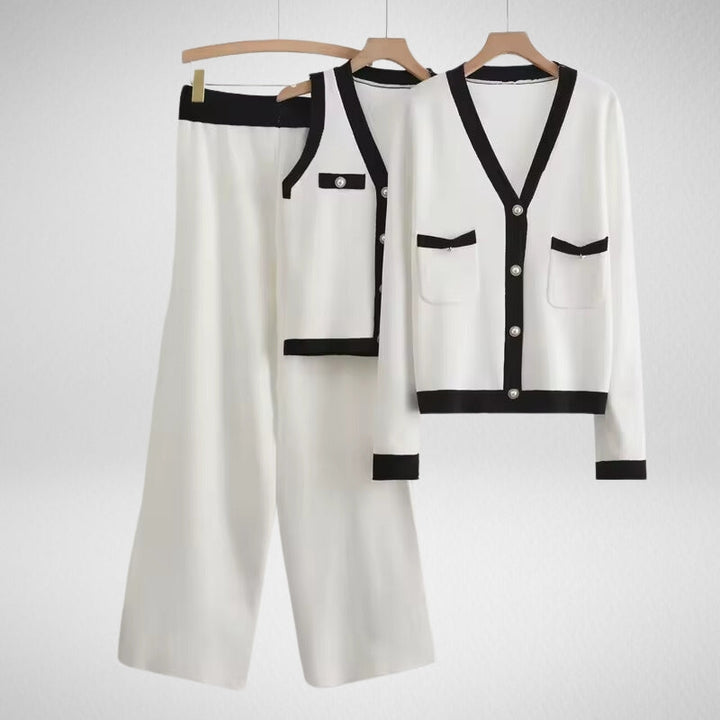 Women's relaxed fit 3-piece loungewear set in cotton blend, showcasing elegant contrast trim and delicate pearl buttons.